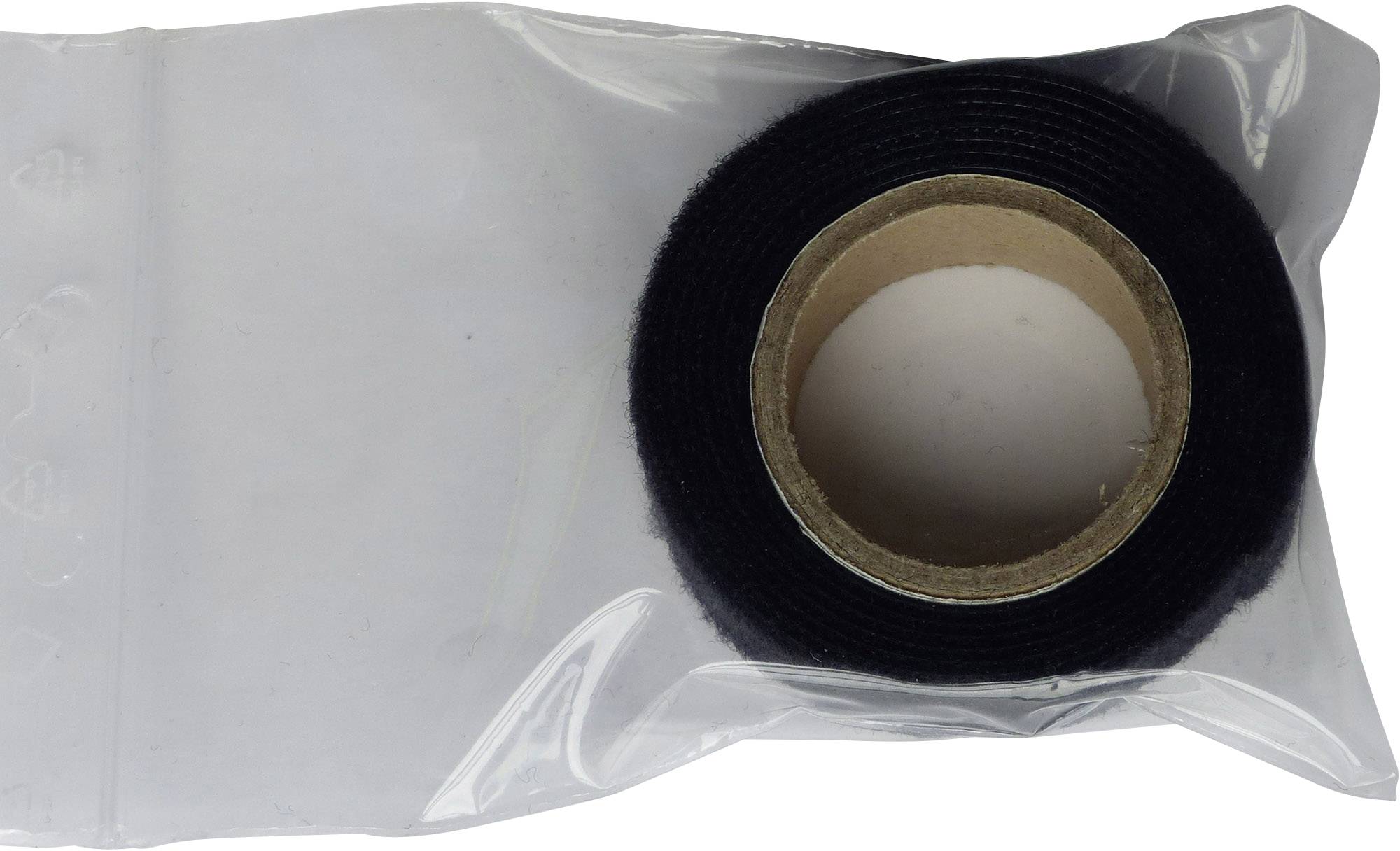 Schwarzes Klebeband auf einer Rolle, teilweise in einer durchsichtigen Plastiktüte verpackt.