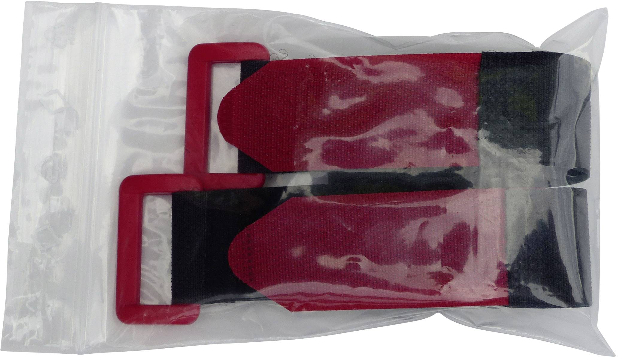 Rote Widerstandsbänder in einer transparenten Plastiktüte, mit schwarzen Schlaufen und roten Griffen.