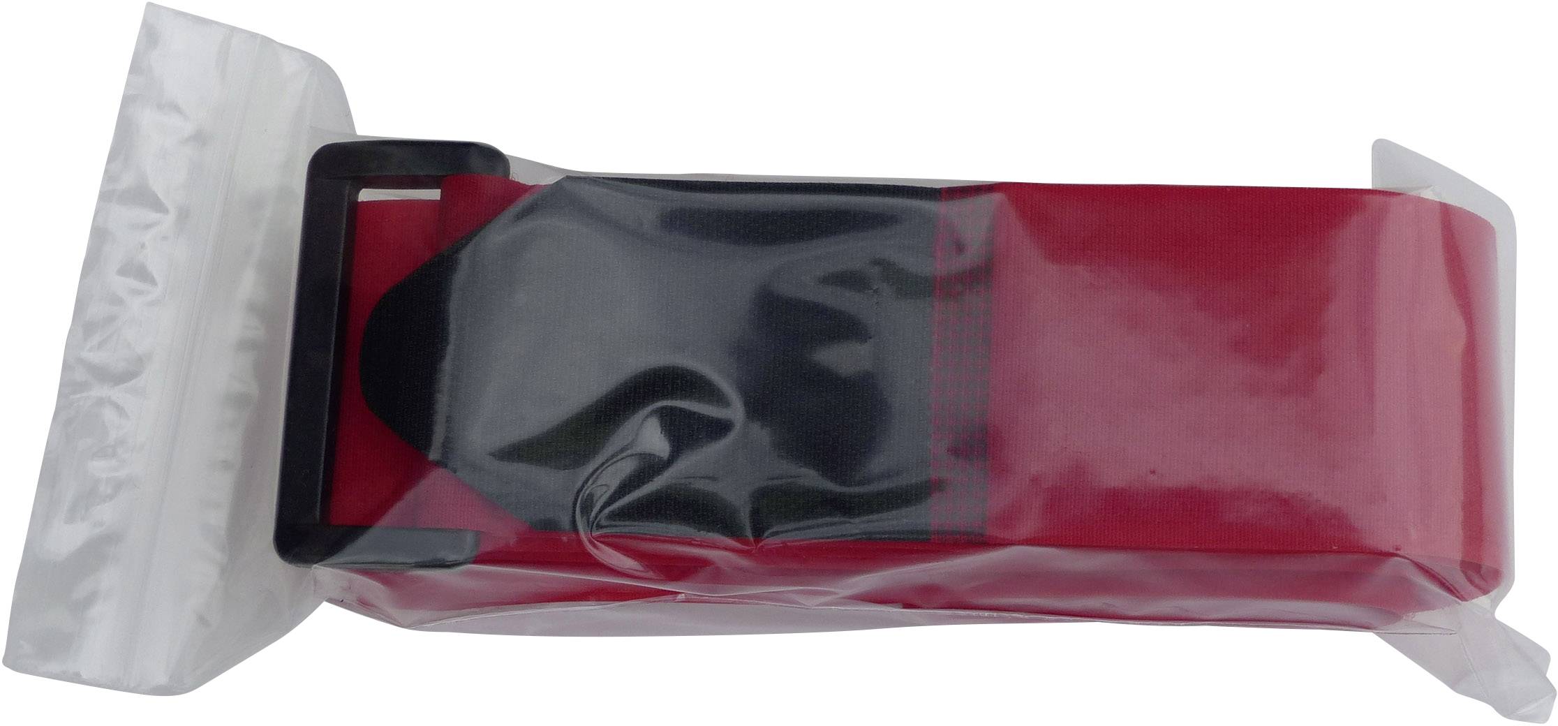 Eine in Plastik verpackte rote Zurrgurtschlaufe mit schwarzem Metallhaken, verwendbar zur Ladungssicherung.