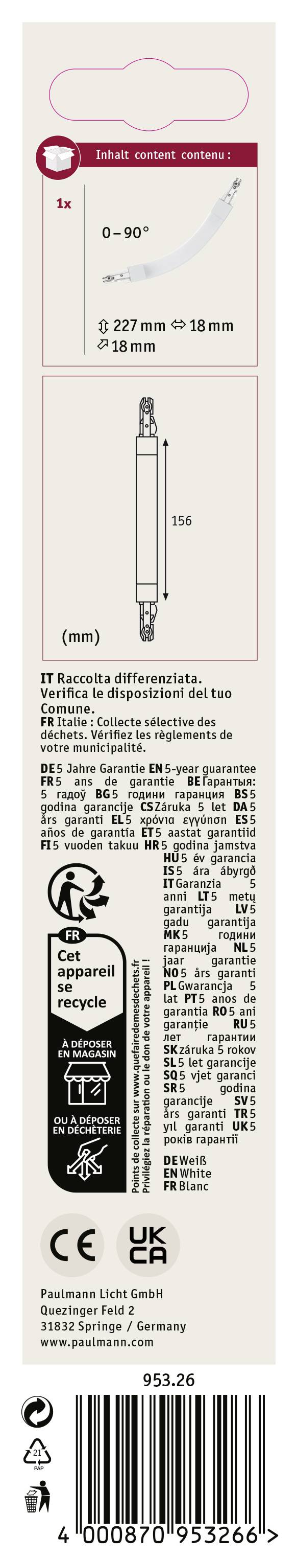 Paulmann 95326 Hochvolt-Schienensystem-Komponente Flexverbinder Weiß