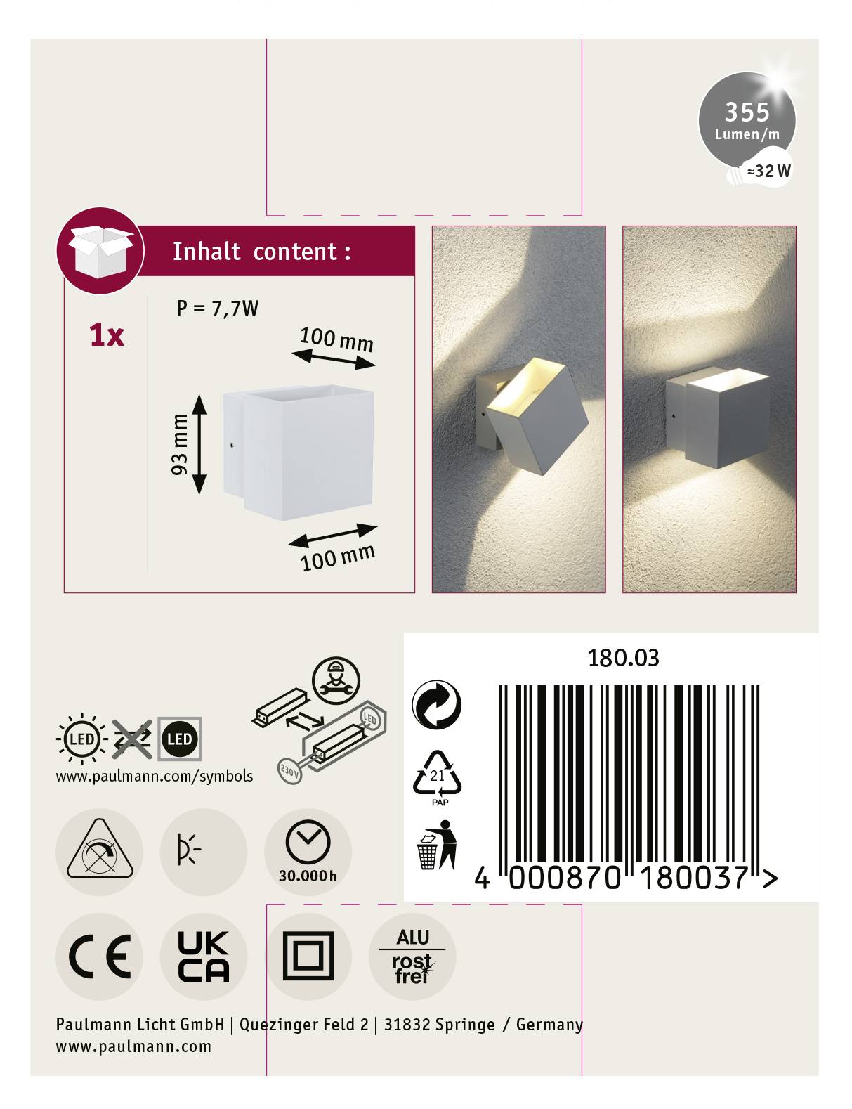 Paulmann Cybo 18003 LED-Außenwandleuchte 6W Weiß