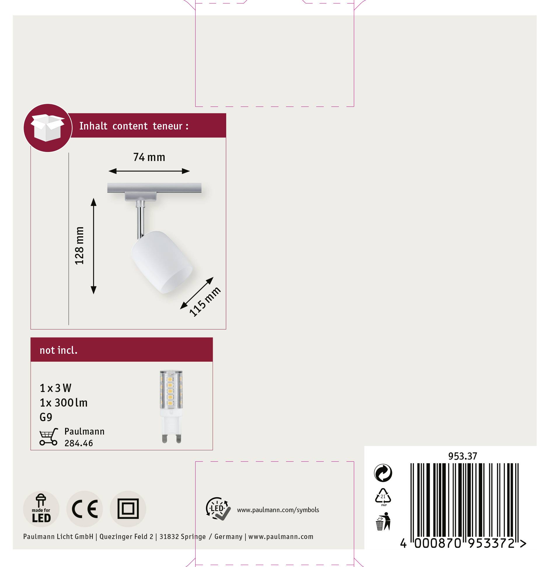 Paulmann Blossom Hochvolt-Schienensystem-Leuchte URail Chrom (matt), Satin