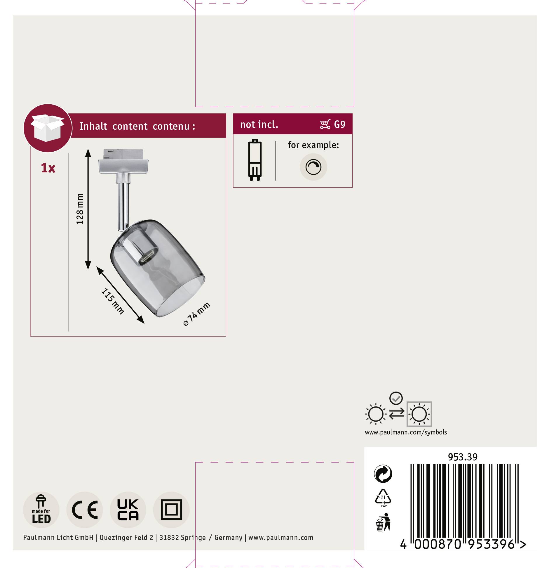 Paulmann Blossom Hochvolt-Schienensystem-Leuchte URail Chrom (matt), Rauchglas