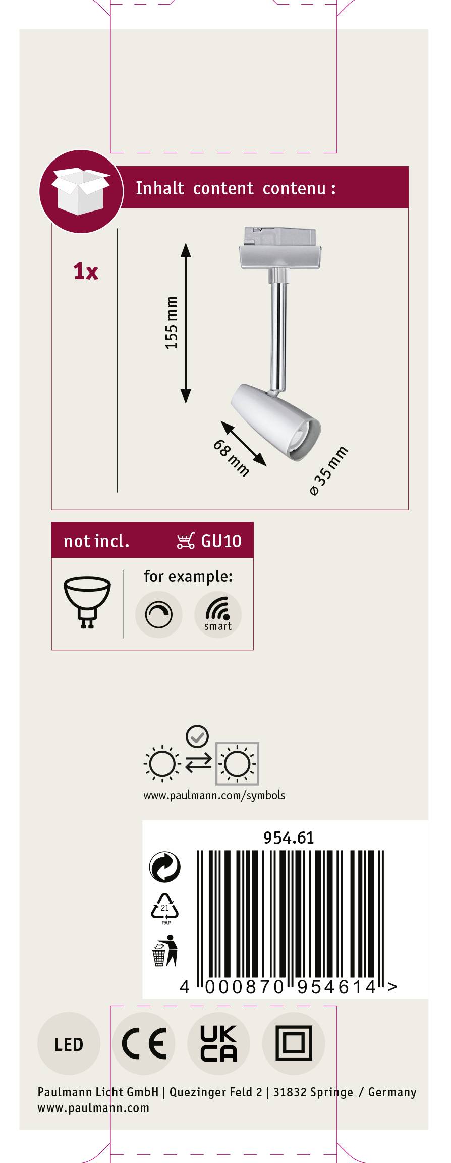 Paulmann Barelli Hochvolt-Schienensystem-Leuchte URail GU10 10 W LED Chrom, Chrom (matt)
