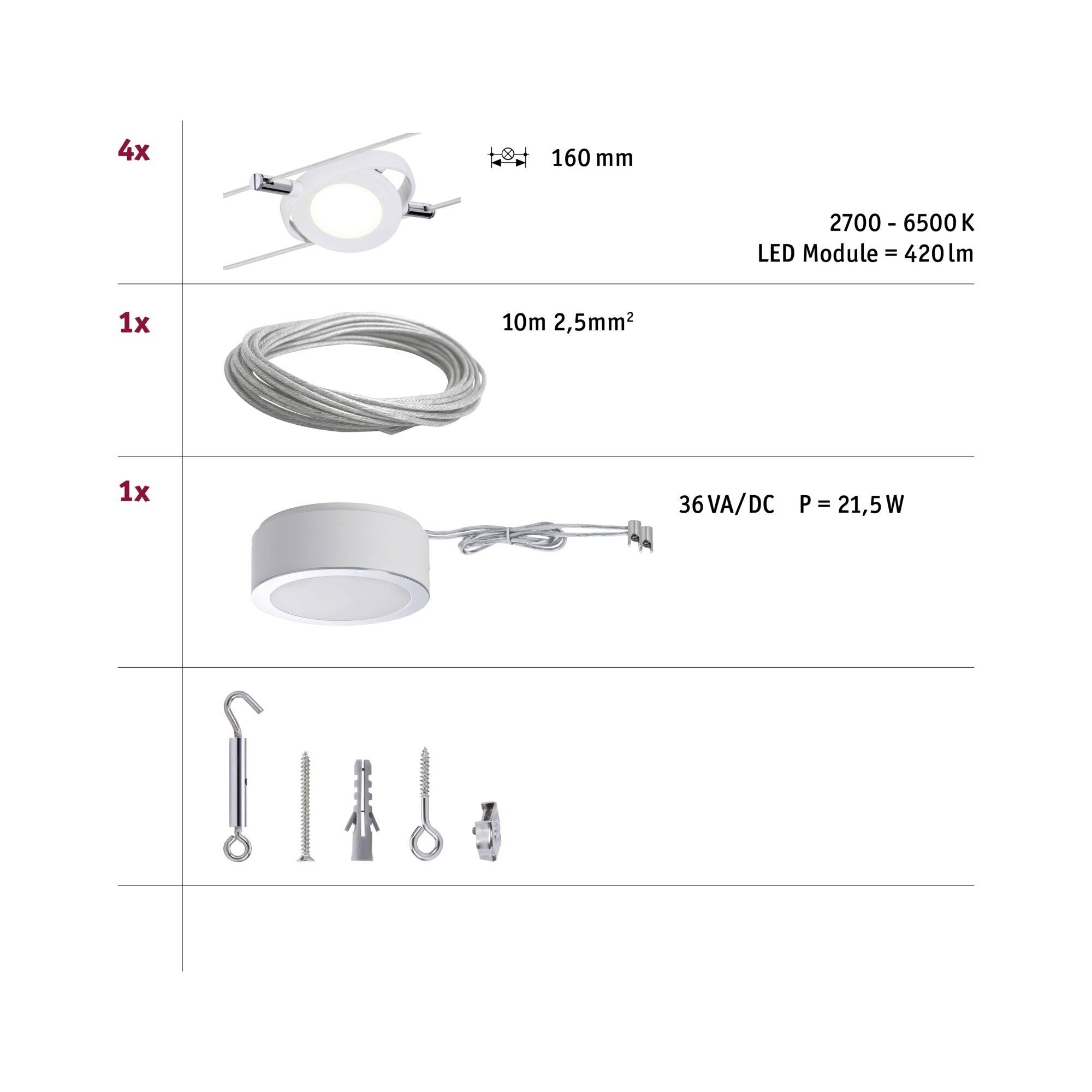 Paulmann RoundMc 50107 Seil-Komplettsystem LED fest eingebaut 16W LED Weiß (matt)