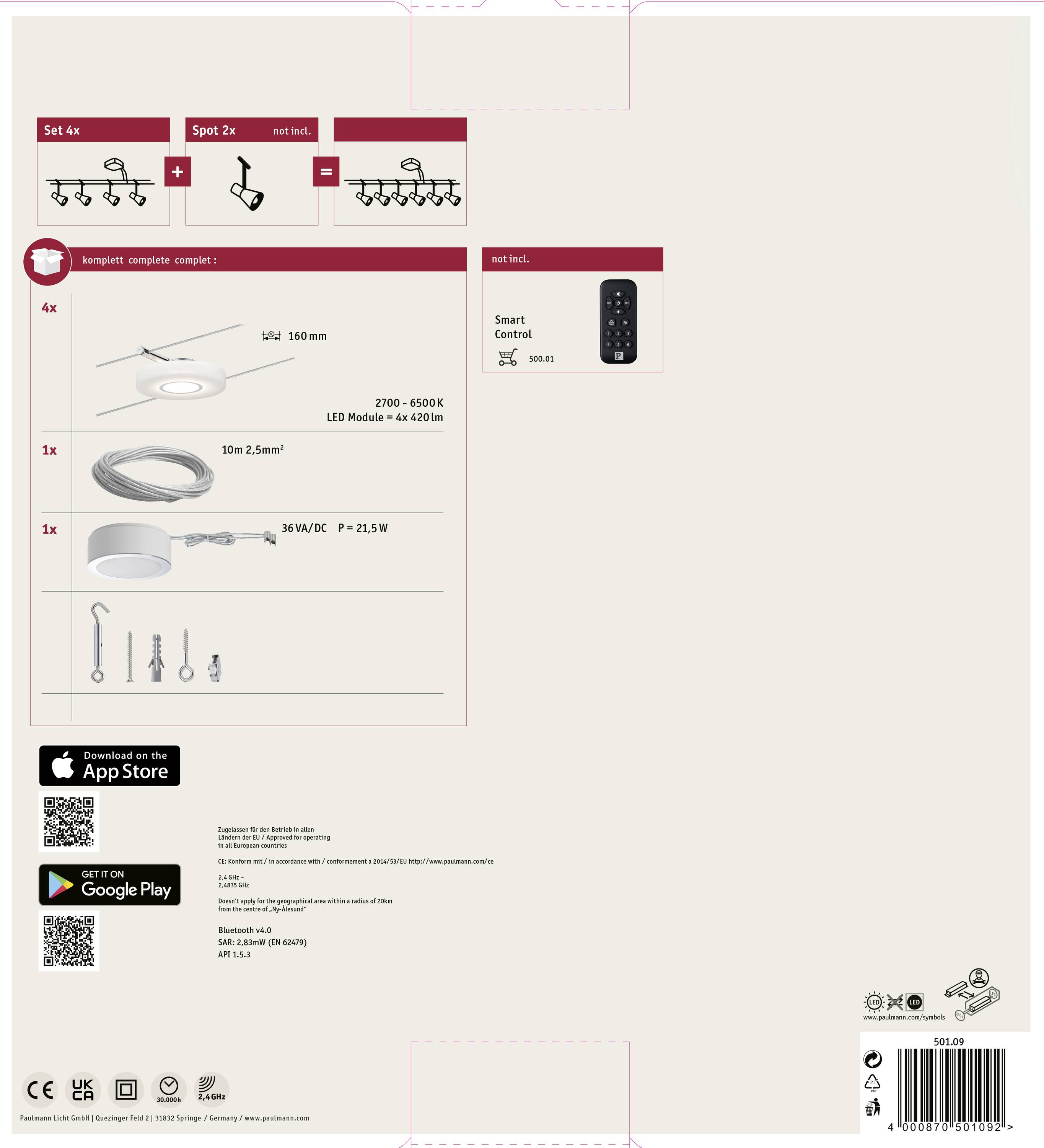 Paulmann DiscLED I 50109 Seil-Basissystem LED fest eingebaut 16W LED Satin