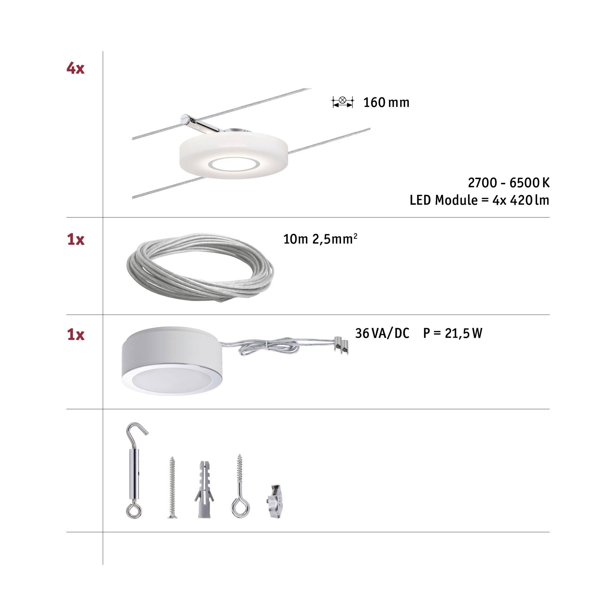 Paulmann DiscLED I 50109 Seil-Basissystem LED fest eingebaut 16W LED Satin