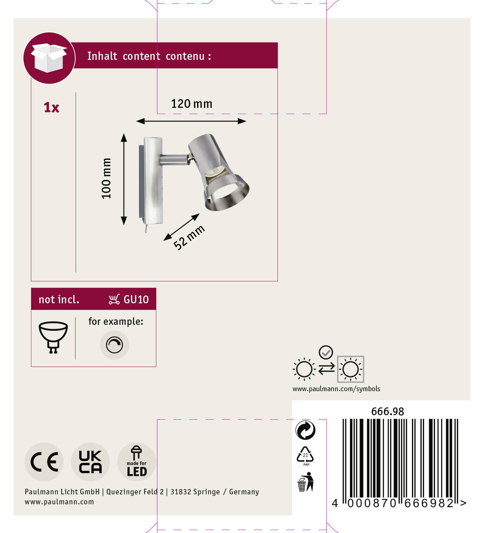 Paulmann Teja 66698 Wandstrahler GU10 10W LED Nickel (satiniert)