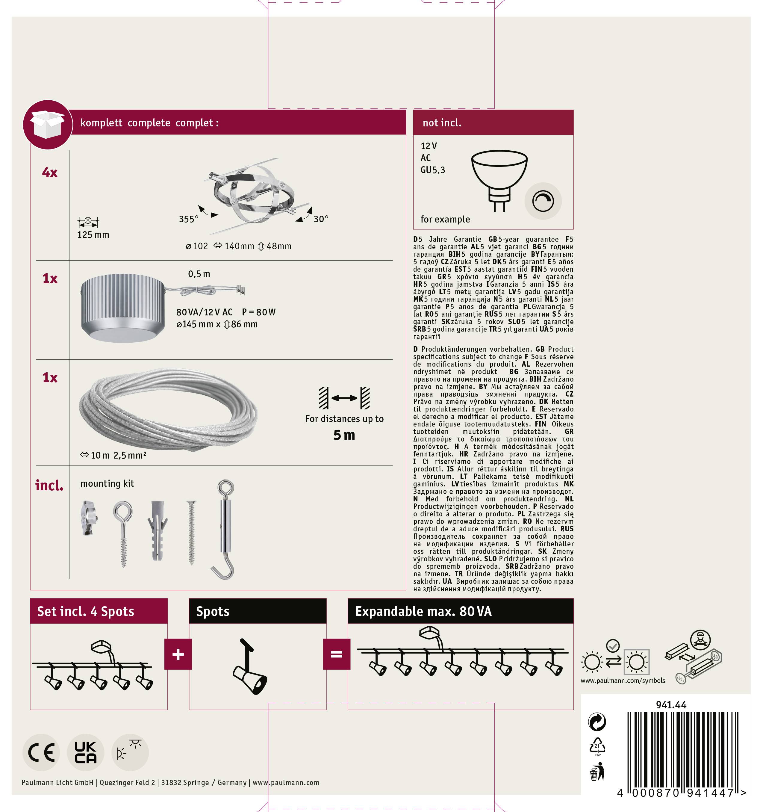 Paulmann Cardan 94144 Seil-Basissystem GU5.3 40W LED Chrom, Chrom (matt)