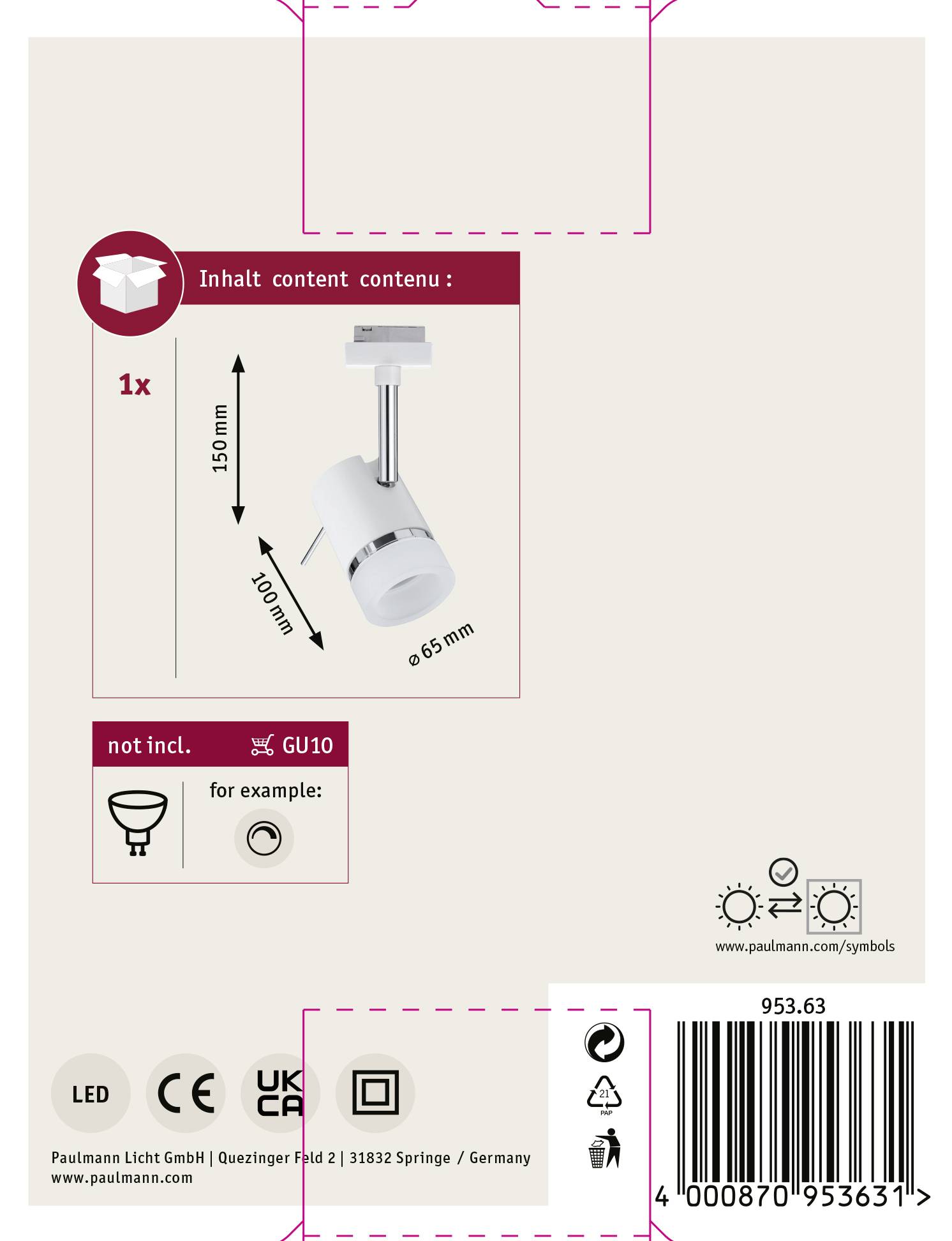 Paulmann Pipe Hochvolt-Schienensystem-Leuchte URail GU10 10W LED Weiß, Chrom