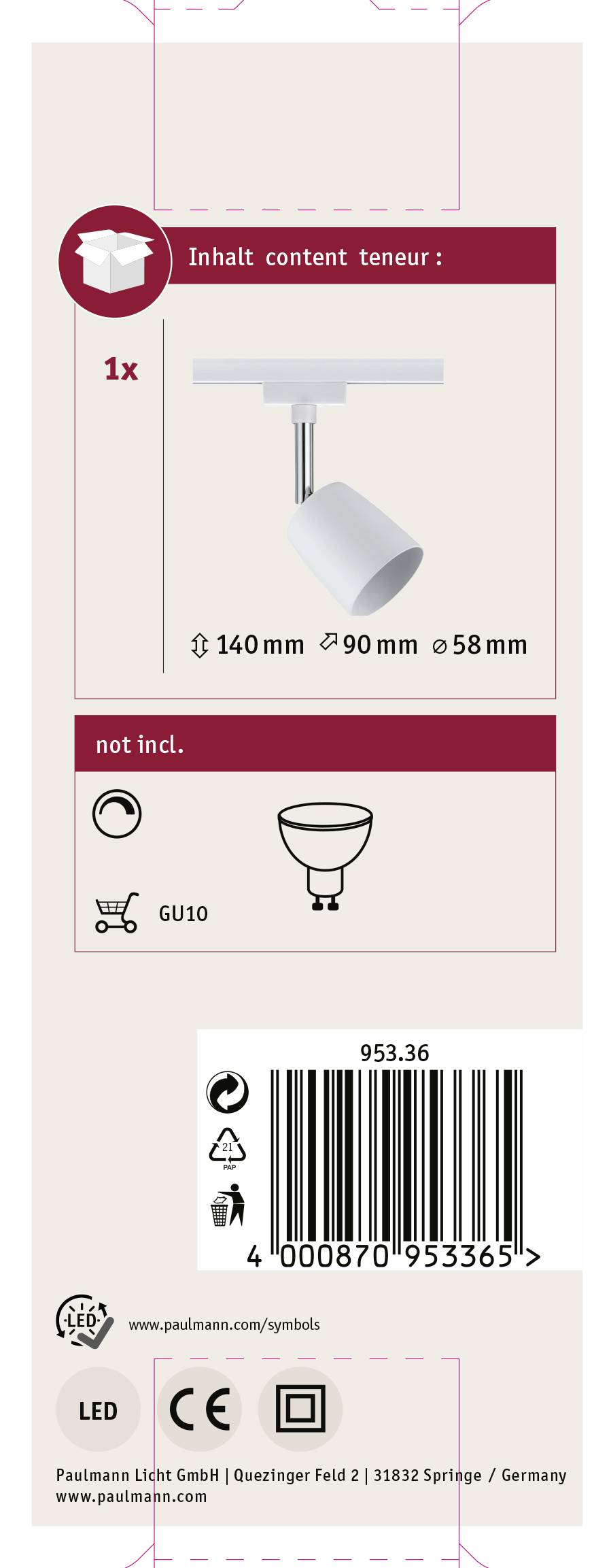 Paulmann Cover Hochvolt-Schienensystem-Leuchte URail GU10 10W LED Weiß, Chrom