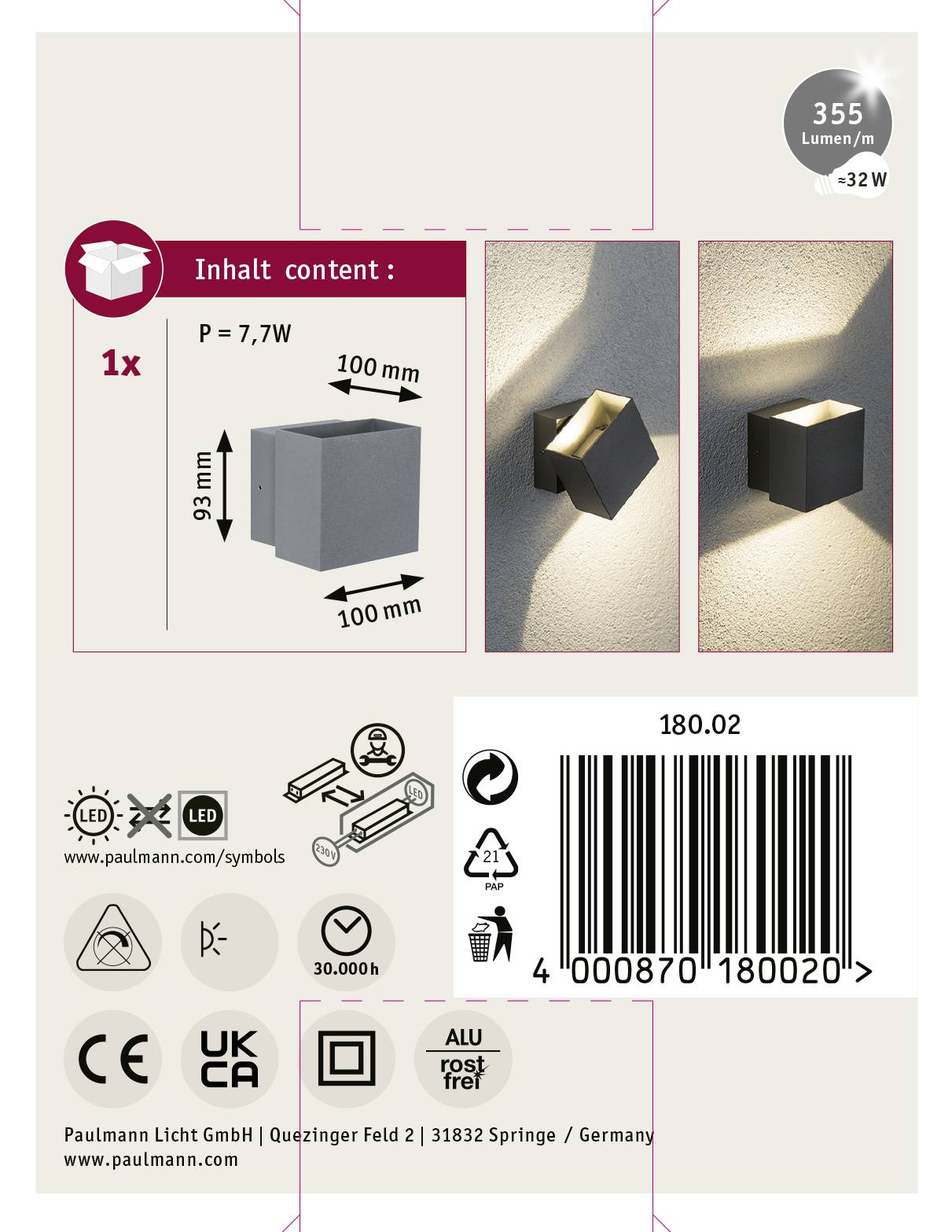 Paulmann Cybo 18002 LED-Außenwandleuchte 6W Grau