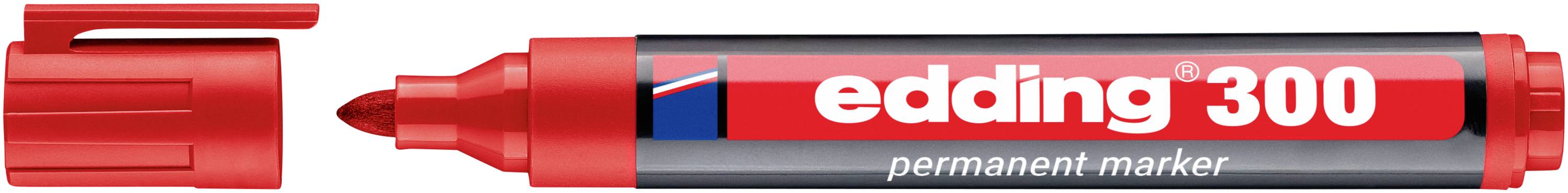 Roter Edding 300 Permanentmarker mit abgenommener Kappe, zeigt die Keilspitze und das gedruckte „edding 300