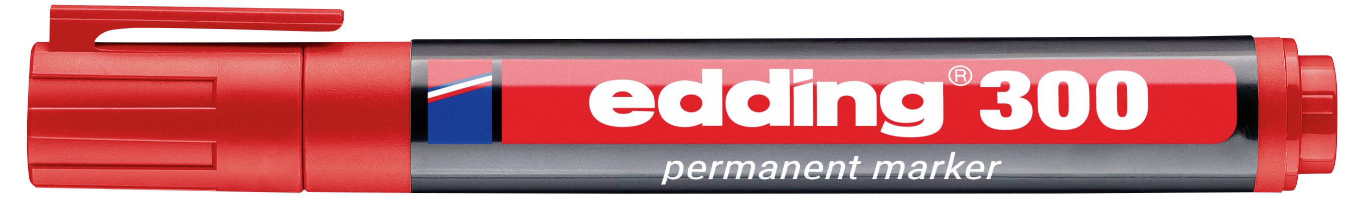 Roter Edding 300 Permanentmarker, horizontal dargestellt, mit sichtbarem Markennamen und Produktetikett auf dem Stift.