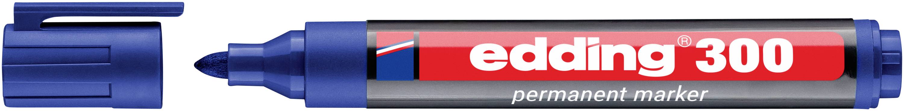 Blauer Edding 300 Permanent Marker mit Keilspitze und rot-weißem Etikett, horizontal auf weißem Hintergrund dargestellt.