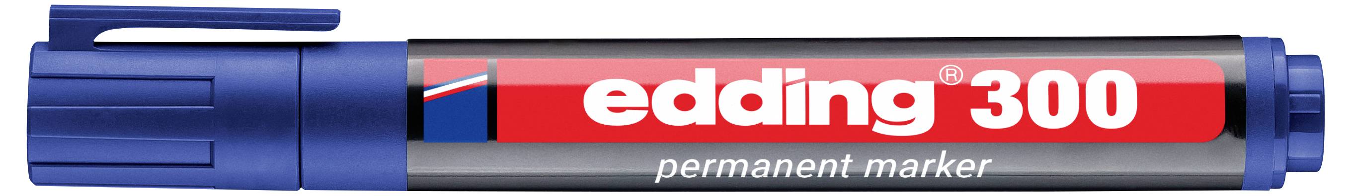 Blauer Edding 300 Permanentmarker mit aufgesetzter Kappe, horizontal auf weißem Hintergrund dargestellt.