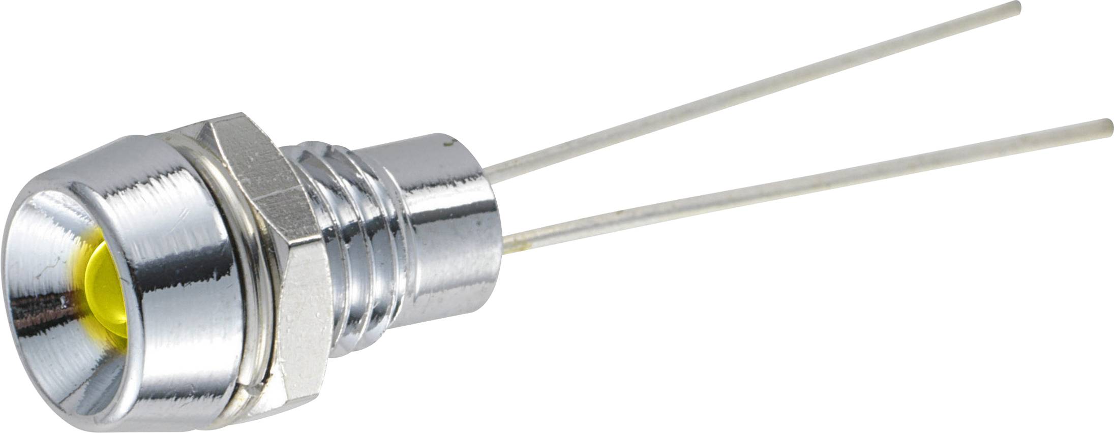 Eine Metall-LED mit gelbem Licht, zwei herausragende Drähte, zur Montage gedacht. Hauptsächlich in elektronischen Geräten verwendet.