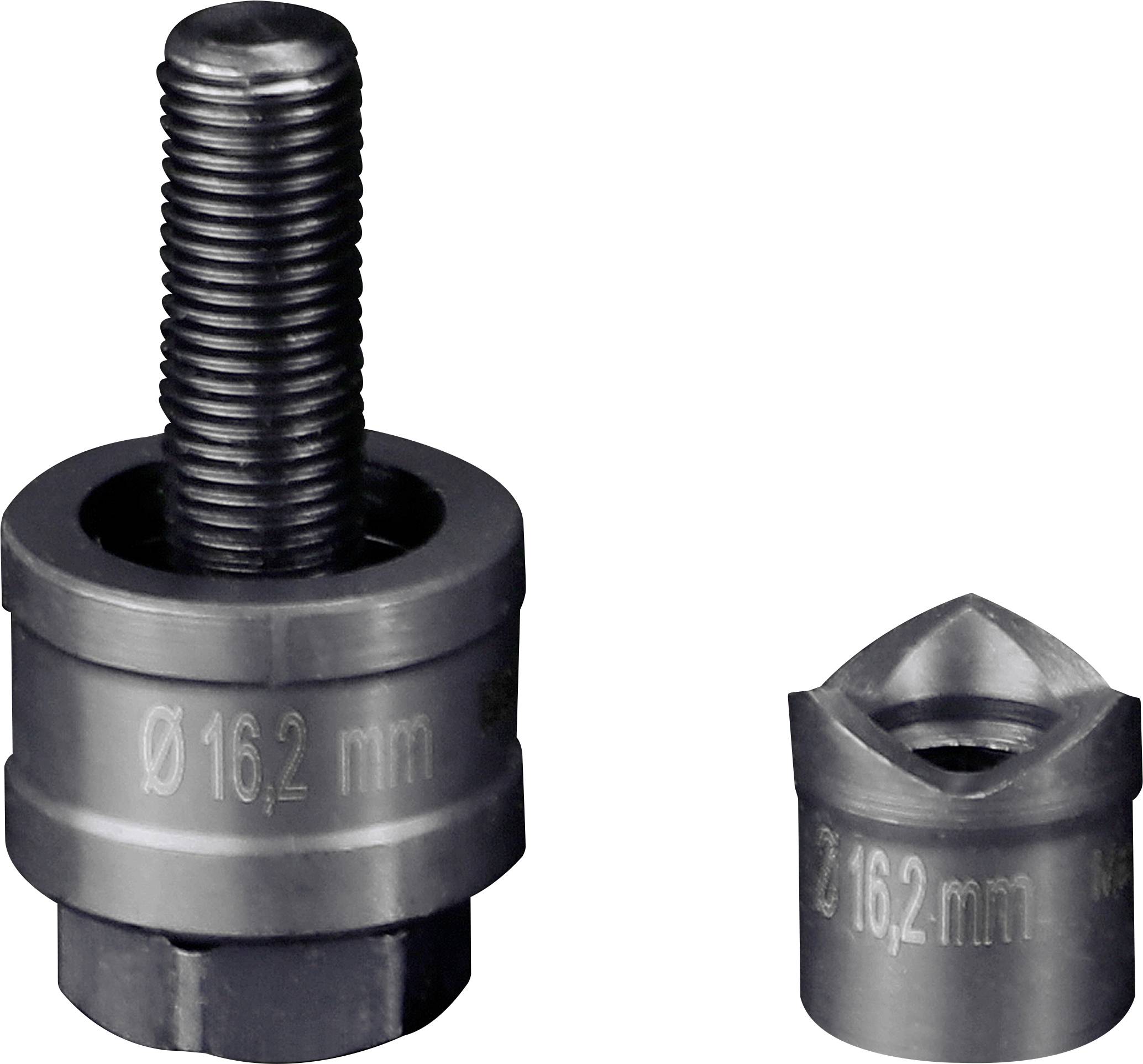 Zwei Metallstempel mit der Gravur 'Ø 16,2 mm', einer mit Gewinde, der andere mit abgeschrägter Kante, auf neutralem Hintergrund.