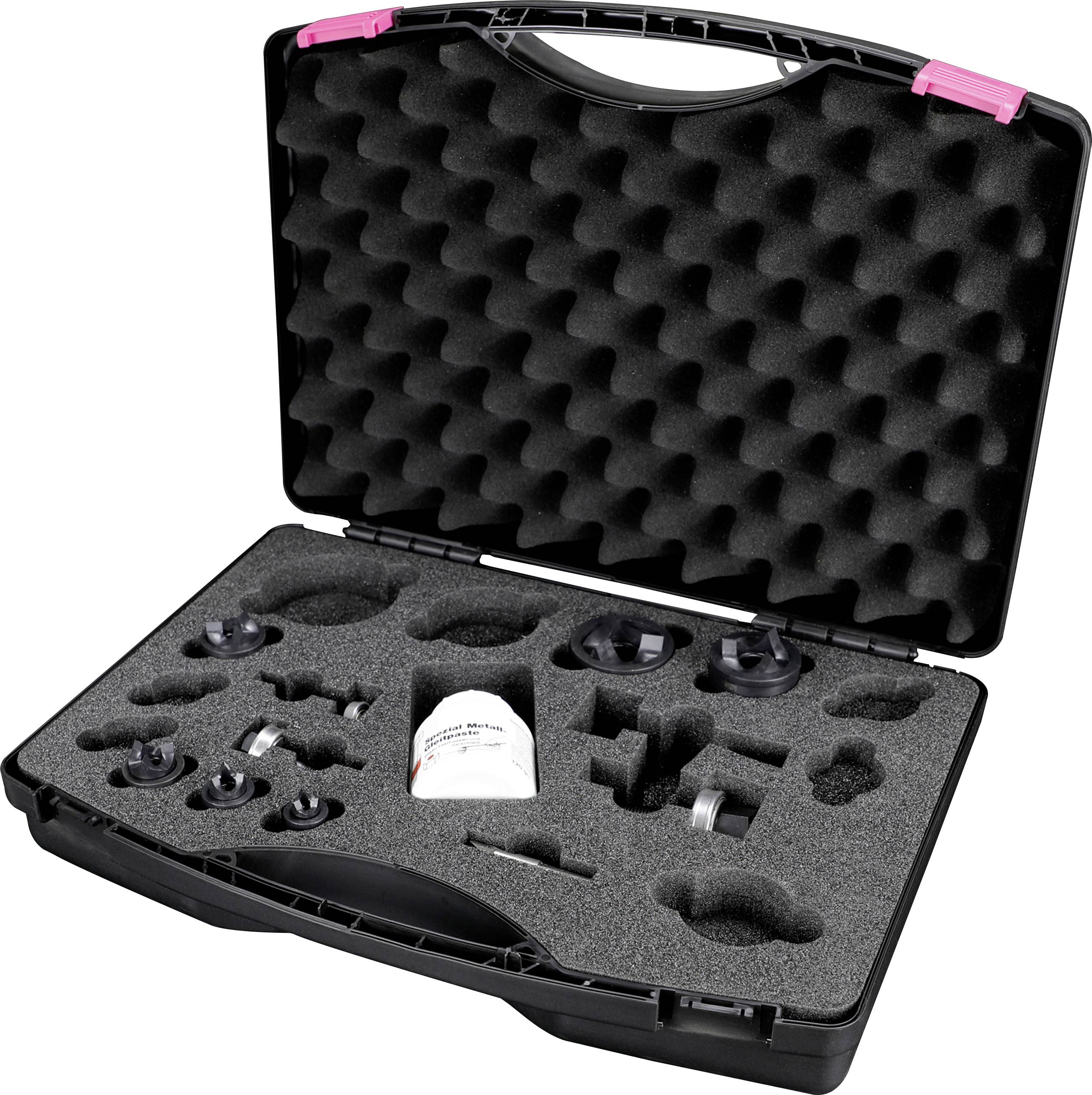 Ein schwarzer Koffer mit Schaumstoffeinlage enthält diverse runde Instrumententeile und ein kleines Behältnis mit Flüssigkeit.