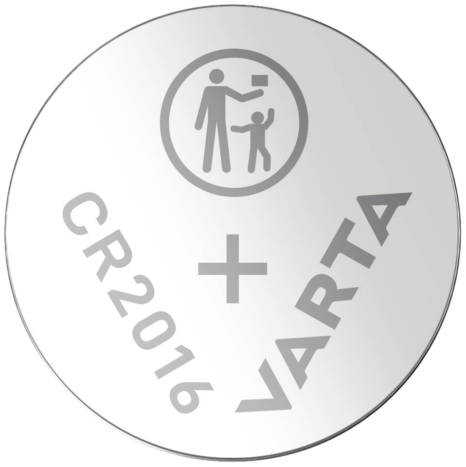 Runde Knopfzelle mit der Aufschrift 'CR2016 VARTA'. Symbol: Erwachsener gibt Kind einen Gegenstand.