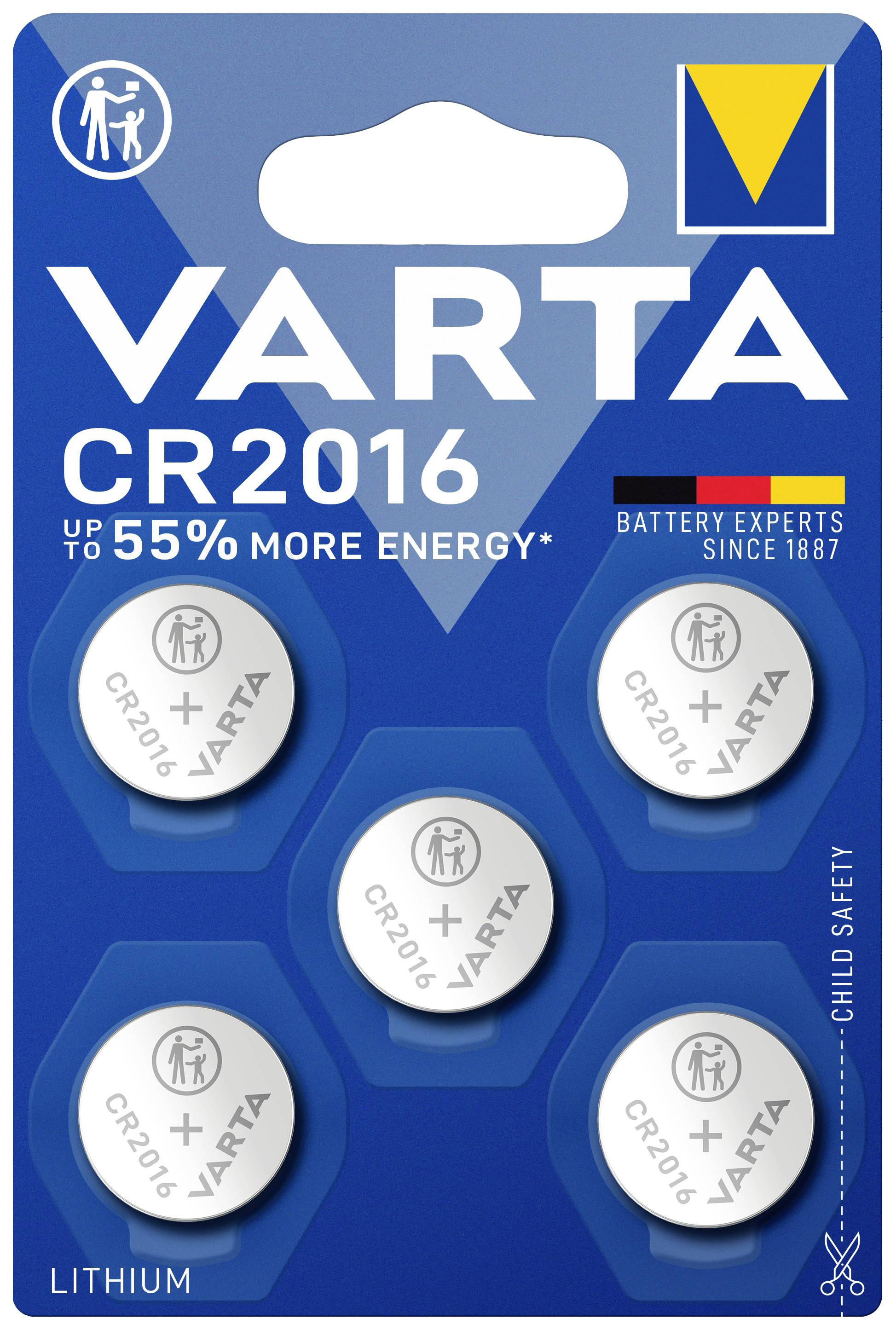 VARTA CR2016 Lithium-Batterien, bis zu 55 % mehr Energie. 5 Batterien in Blisterpackung. Kindersicher.