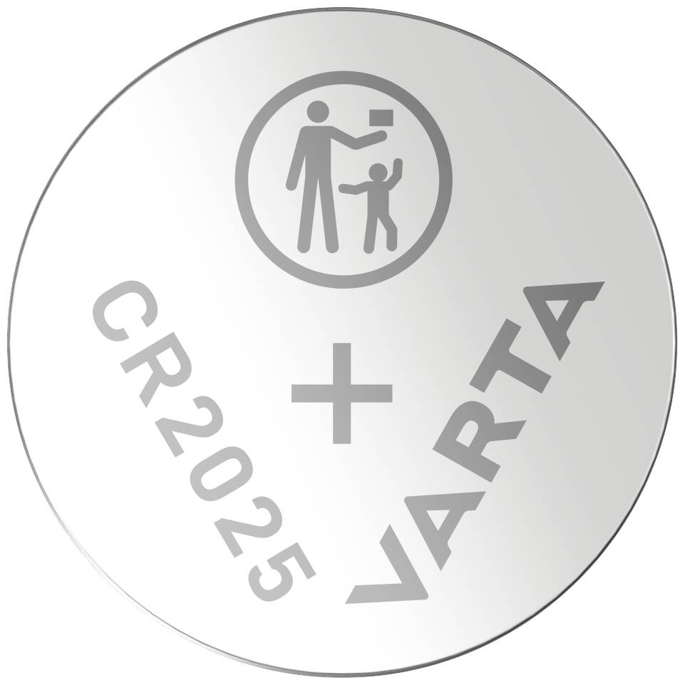 Runde Knopfzelle, Silber, VARTA CR2025+ Schriftzug und Symbol für von Kindern fernhalten.