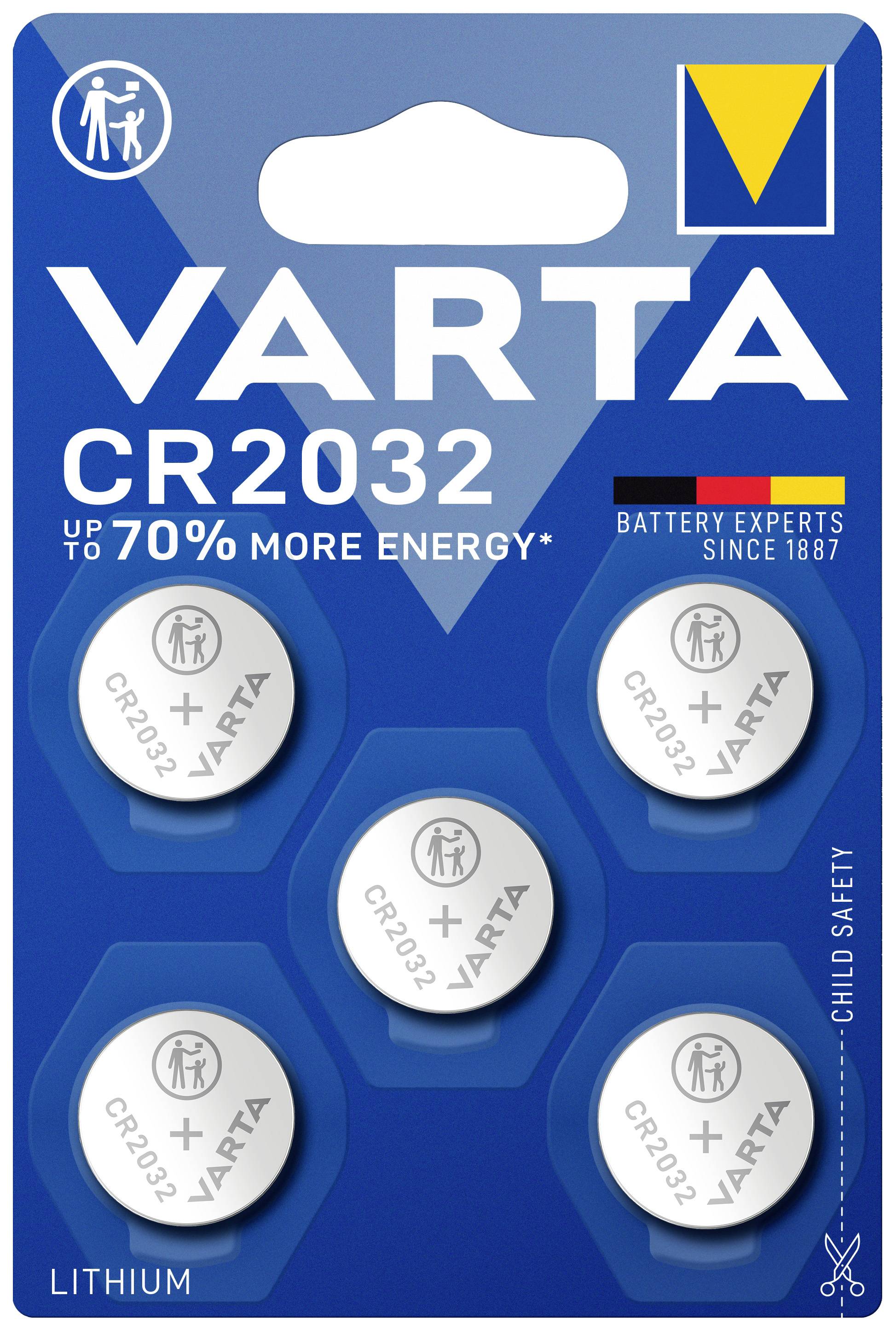VARTA CR2032 Batterien Verpackung mit fünf Lithium-Batterien. Hervorgehobene Merkmale: bis zu 70% mehr Energie, Kindersicherheit.
