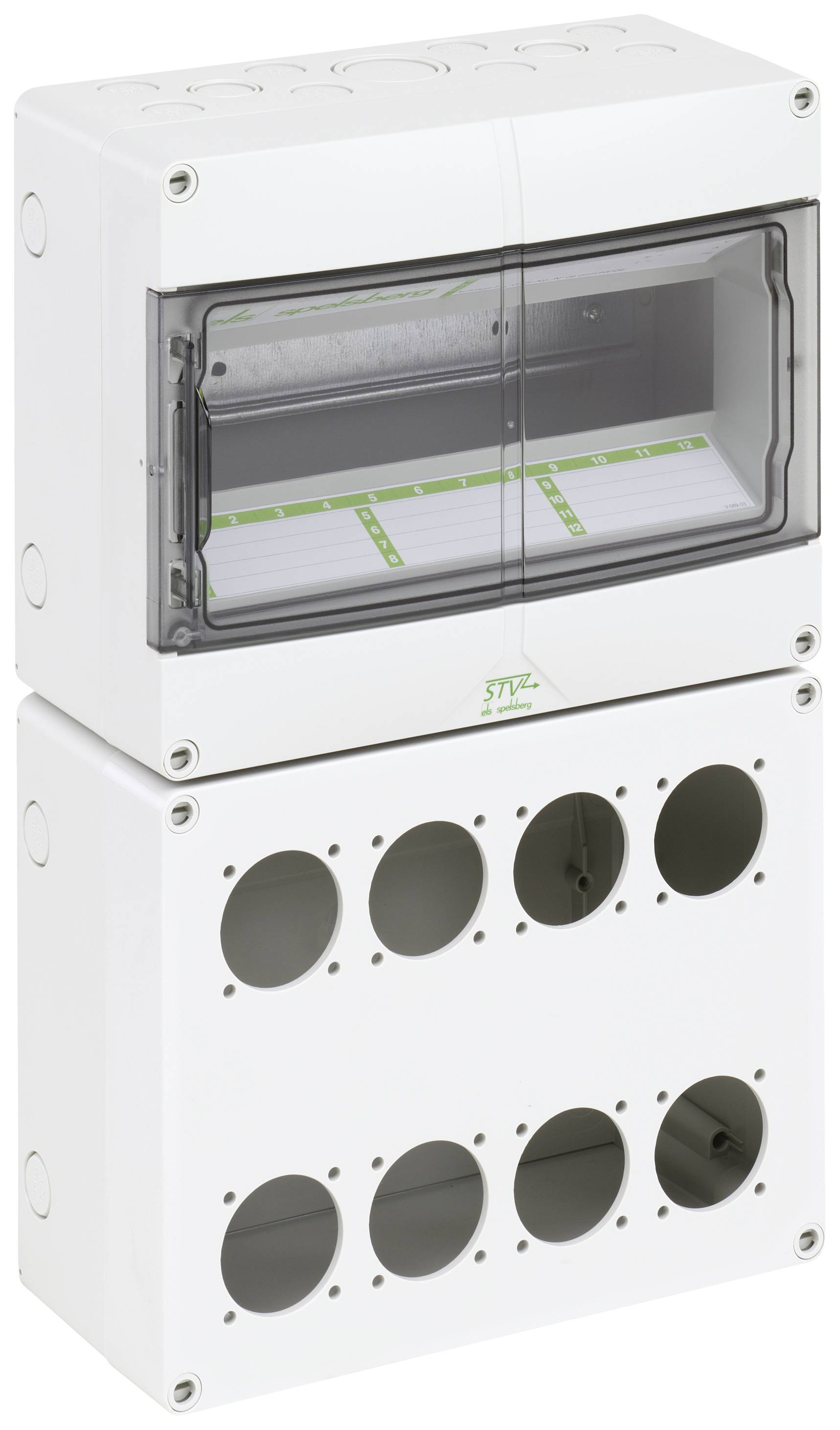 Ein elektrisches Gehäuse für Sicherungen mit transparenter Klappe und mehreren runden Öffnungen für Kabeldurchlässe.