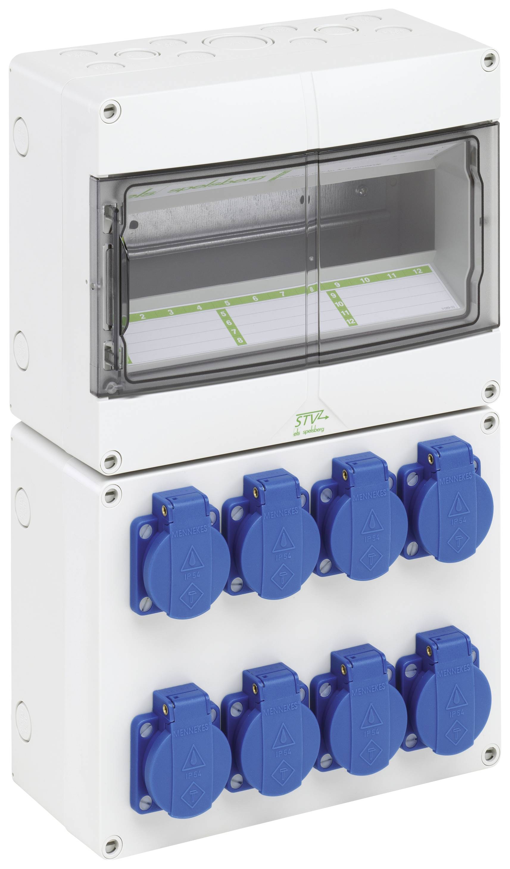 Elektrischer Verteilerkasten mit acht blauen Steckdosen und einem transparenten Fach oben. Geeignet für industrielle Anwendungen.