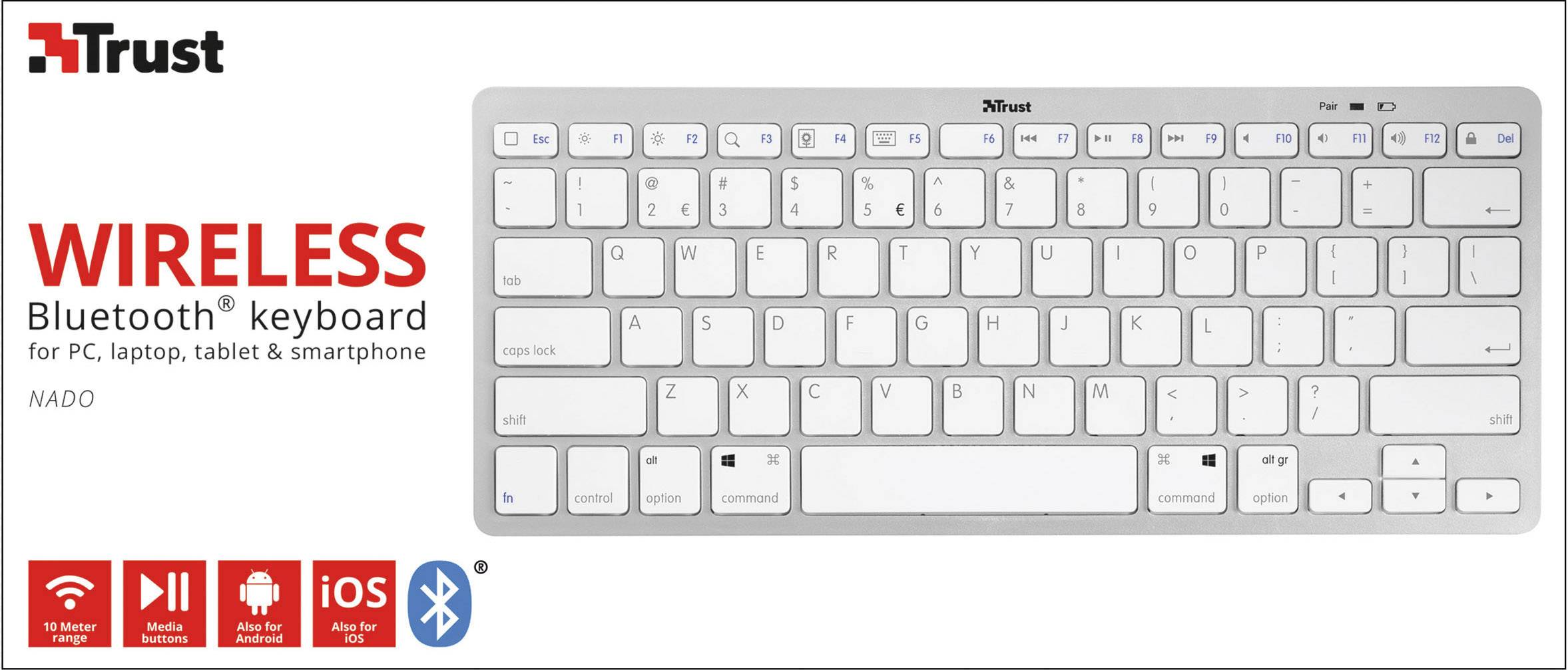 Trust Nado Bluetooth® Tastatur Deutsch, QWERTZ, Windows® Weiß, Hellgrau