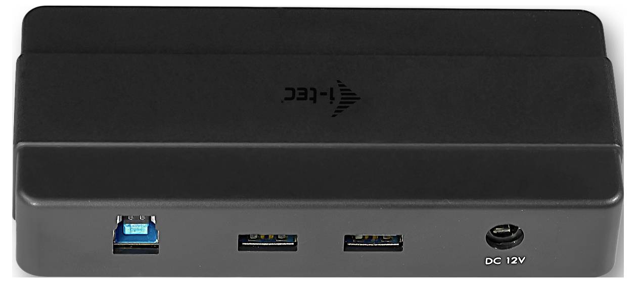 Schwarzes elektronisches Gerät mit drei USB-Anschlüssen und einer DC-12V-Stromversorgungseingabe.