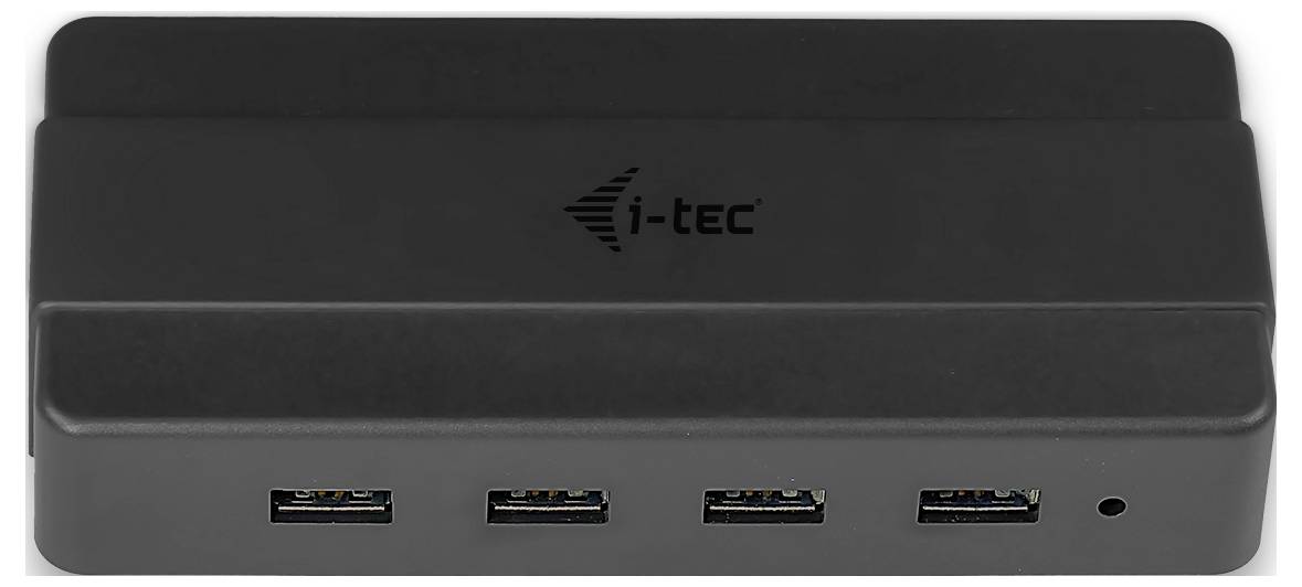 Schwarzer i-tec USB-Hub mit vier USB-Anschlüssen, Frontansicht.