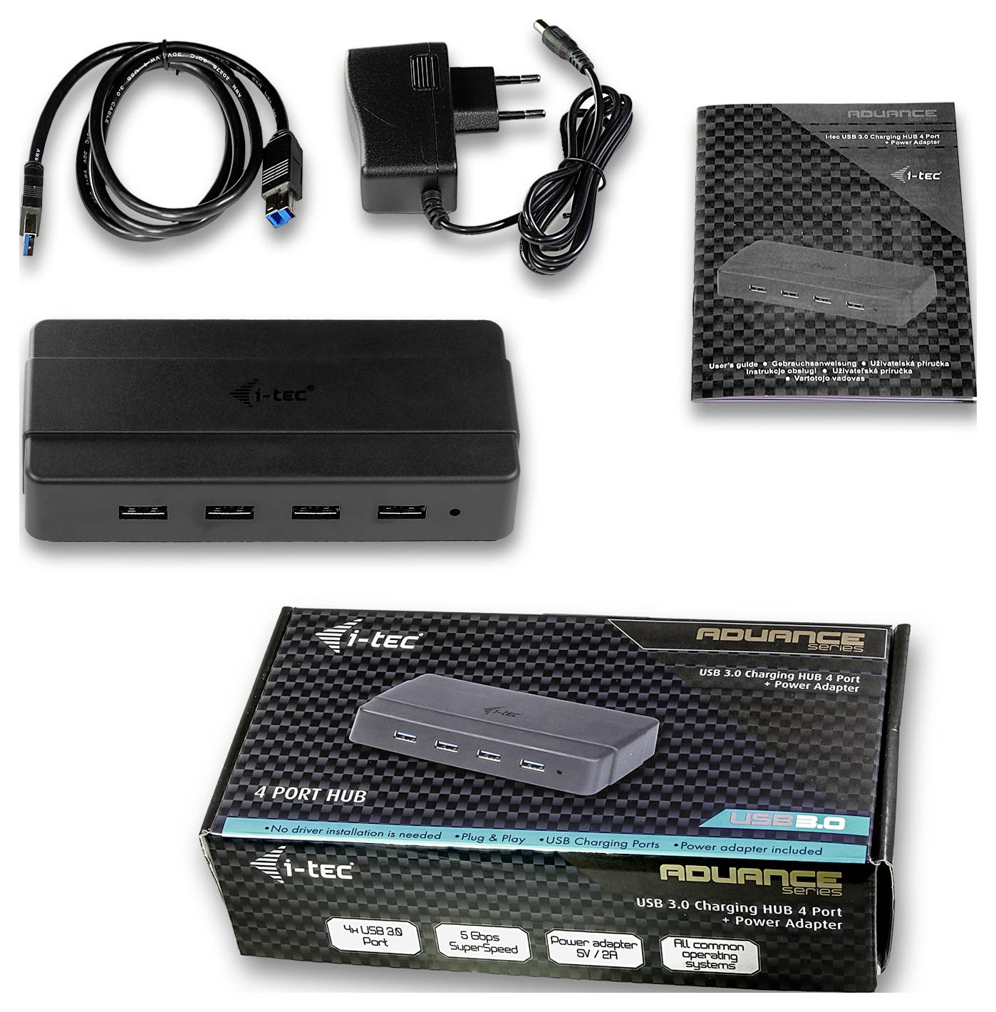 i-tec U3HUB445 USB-Hub 4 Port USB-A USB 3.2 Gen1 5 GBit/s Schwarz USB 3.0 Charging HUB 4 Port + Power Adapter