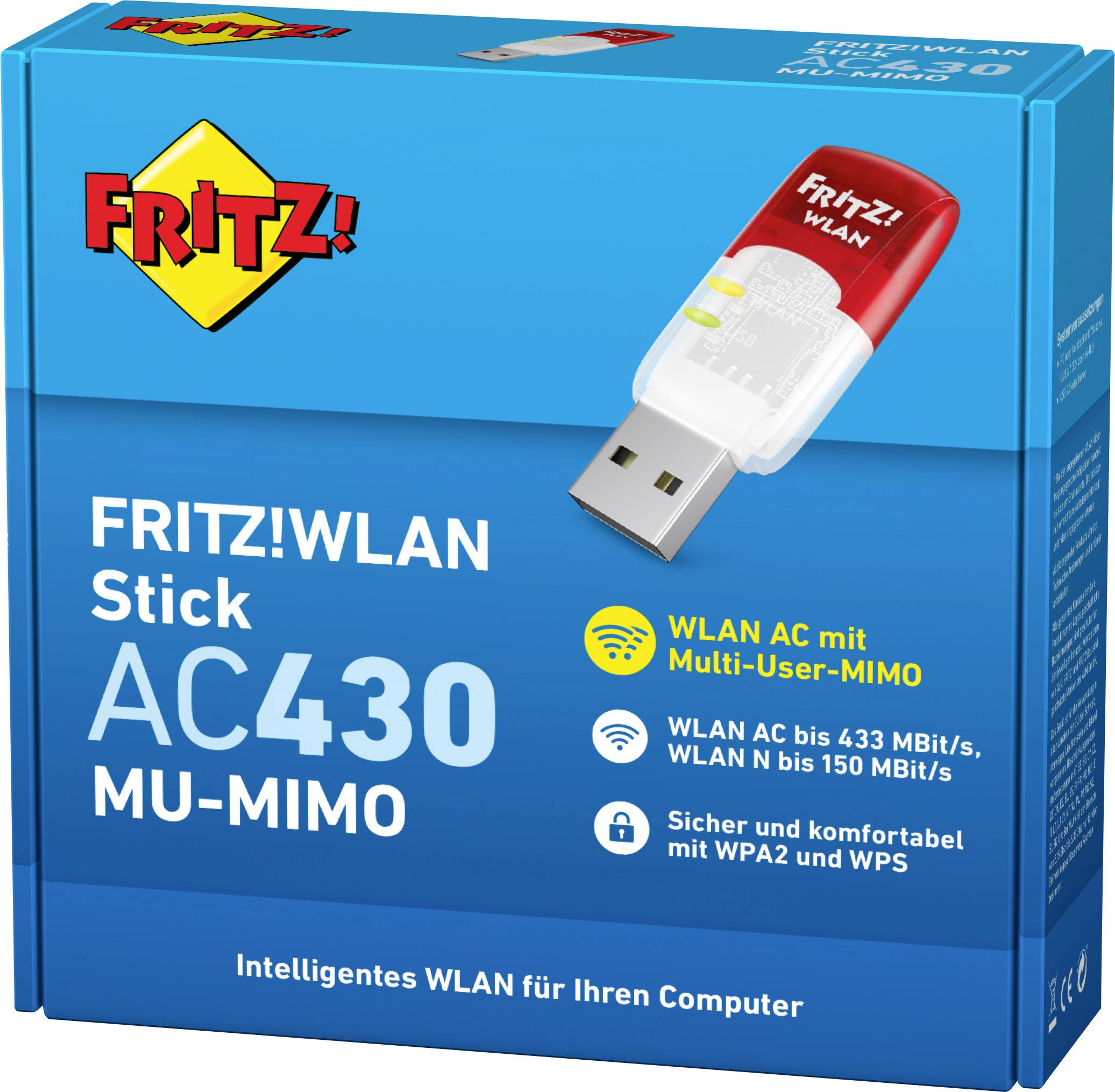 Eine Verpackung mit einem 'FRITZ!WLAN Stick AC 430 MU-MIMO'. Aufdruck: WLAN AC bis 433 MBit/s, WPA2 und WPS-Unterstützung.