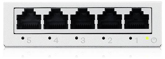 Ein Netzwerk-Switch mit fünf Ethernet-Ports, nummeriert von 1 bis 5, und einer kleinen Leuchtanzeige neben Port 1.