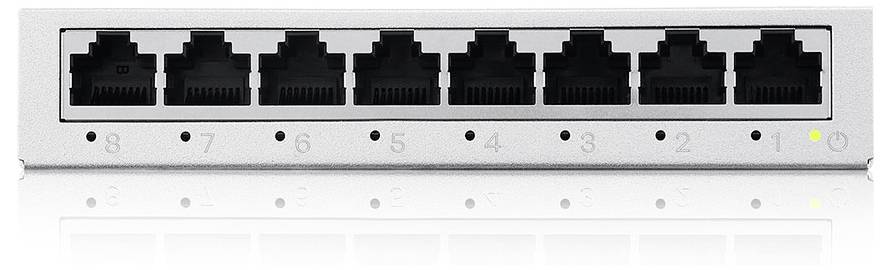 Ein silberner Netzwerk-Switch mit acht Ethernet-Ports, nummeriert von 1 bis 8, und einer kleinen Betriebsanzeige auf der rechten Seite.