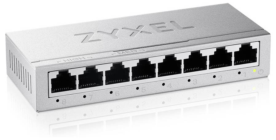 Ein 8-Port-Netzwerkswitch von Zyxel, mit Ports von 1 bis 8. Eine gelbe Kontrollleuchte ist neben Port 2 sichtbar.