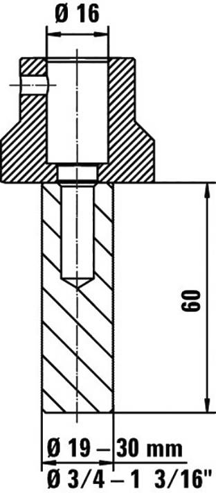 Technische Zeichnung eines zylindrischen Flansches mit Maßen: Durchmesser oben 16 mm, Durchmesser unten 19-30 mm, Gesamtlänge 60 mm.