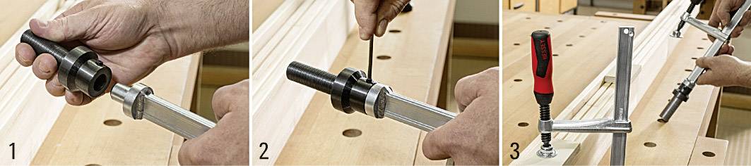 Drei Schritte zur Montage einer Werkbankklemme: 1. Griff anbringen, 2. Schraube festziehen, 3. Klemme am Tisch befestigen.