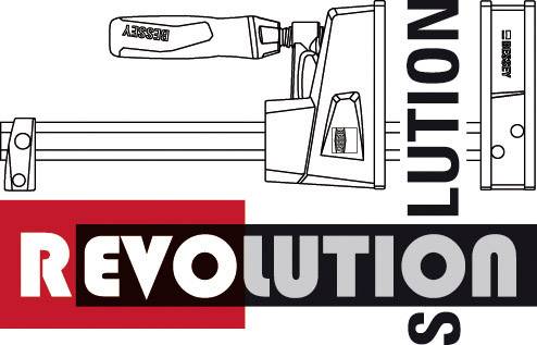 'REVOLUTION' in großen Buchstaben, daneben eine technische Zeichnung einer Schraubzwinge. Der Markenname 'BESSEY' ist mehrmals sichtbar.
