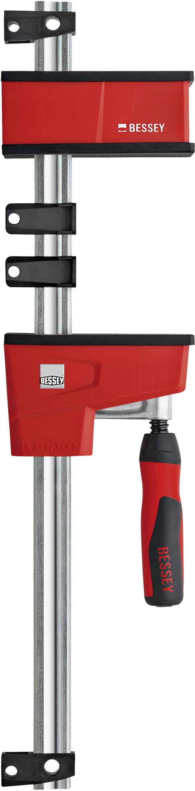 Eine rote Schraubzwinge mit grauem Stab und schwarzem Griff, hergestellt von Bessey. Eignet sich für Holzarbeiten.