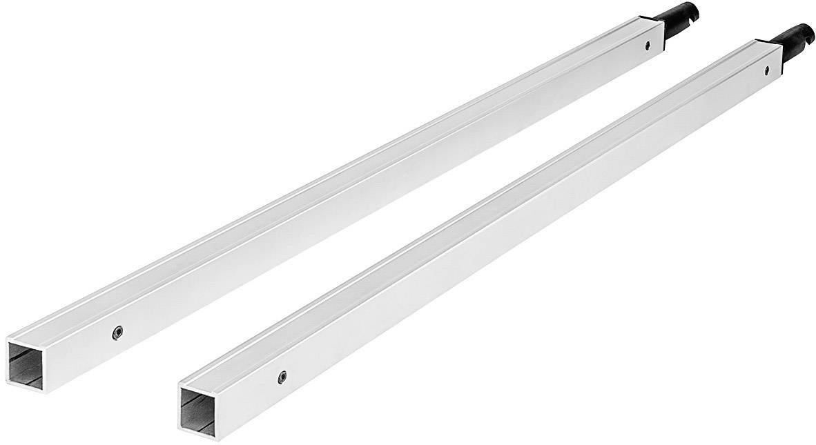 Zwei lange, silberne, rechteckige Metallstangen mit schwarzen Endkappen, nebeneinander liegend.