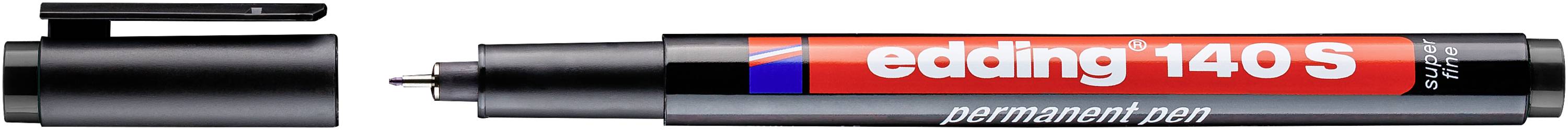 Ein schwarzer Permanent Marker mit entfernter Kappe, der die Spitze und das Etikett „edding 140 S