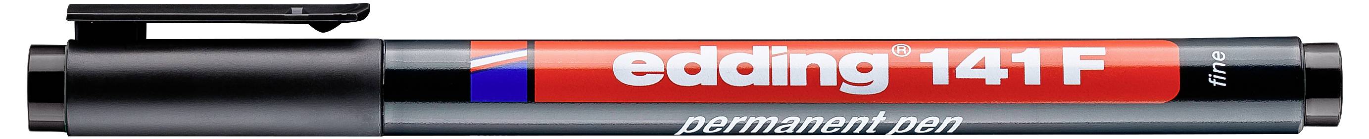 Black Edding 141 F permanenter Stift mit abgenommener Kappe, horizontal dargestellt mit freiliegender Filzspitze und der Stiftkappe darüber.