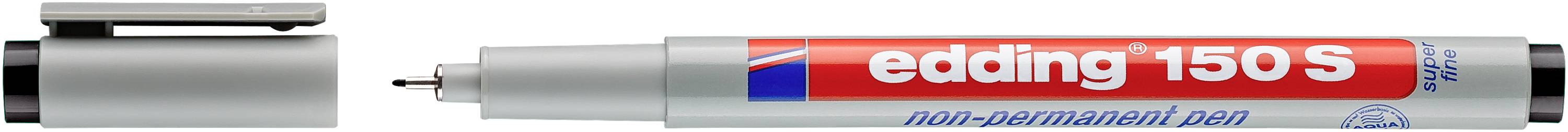 Ein silberner Edding 150 S Fineliner-Permanentmarker mit roter und blauer Beschriftung, horizontal dargestellt mit abgenommener Kappe, um die Spitze zu zeigen.