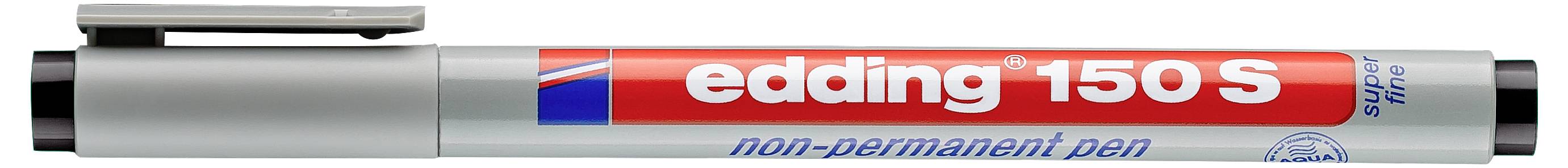 Ein silberner und roter Edding 150 S Permanentmarker, horizontal dargestellt mit seiner Kappe auf der linken Seite und sichtbarem Branding.
