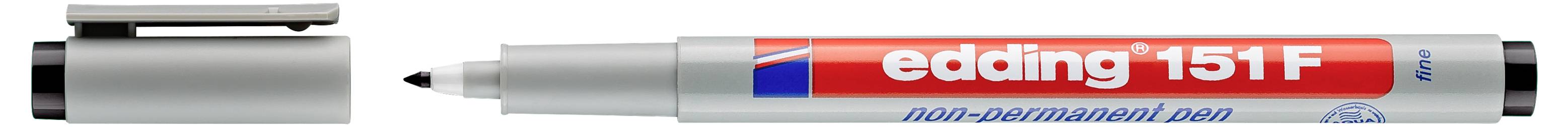 Ein grau-roter Edding 151F-Marker mit abnehmbarer Kappe, der die Spitze und den Stiftkörper nebeneinander zeigt.