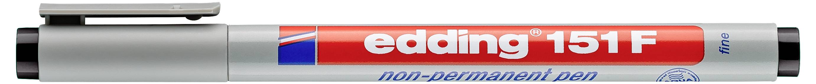 Ein silber-rot gestreifter Edding 151F Nicht-Permanent-Marker-Stift, horizontal dargestellt mit sichtbarem Markennamen und Modellnummer.