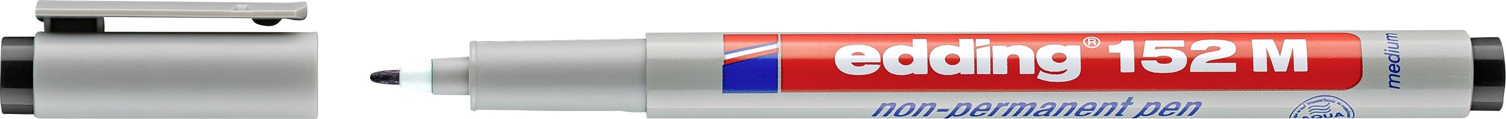 Ein silberner nicht-permanenter Stift mit abgenommener Kappe, der die schwarze Spitze und das Etikett „edding 152 M