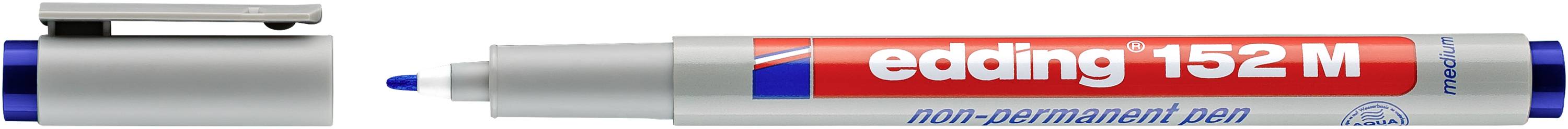 Ein silberner Edding 152M Stift mit nicht permanenter Tinte, blauer Kappe und blauer Spitze, abgebildet neben seiner Kappe in einem offenen Seitenansicht-Produktbild.